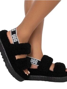 UGG Black Fuzzy Shearling Strap Sandals with Branded Heel Size 7